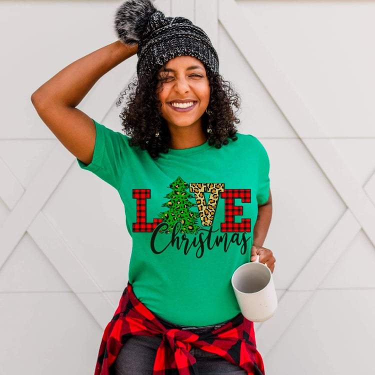 Love Christmas Shirt • Leopard & Buffalo Plaid Tree Tee • Holiday Graphic Top