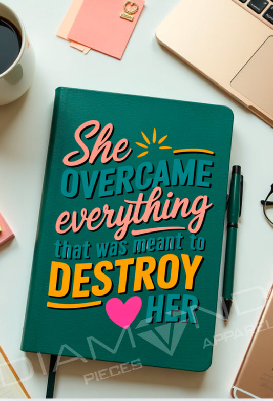 notebook with motivational quote on a desk with coffee and laptop