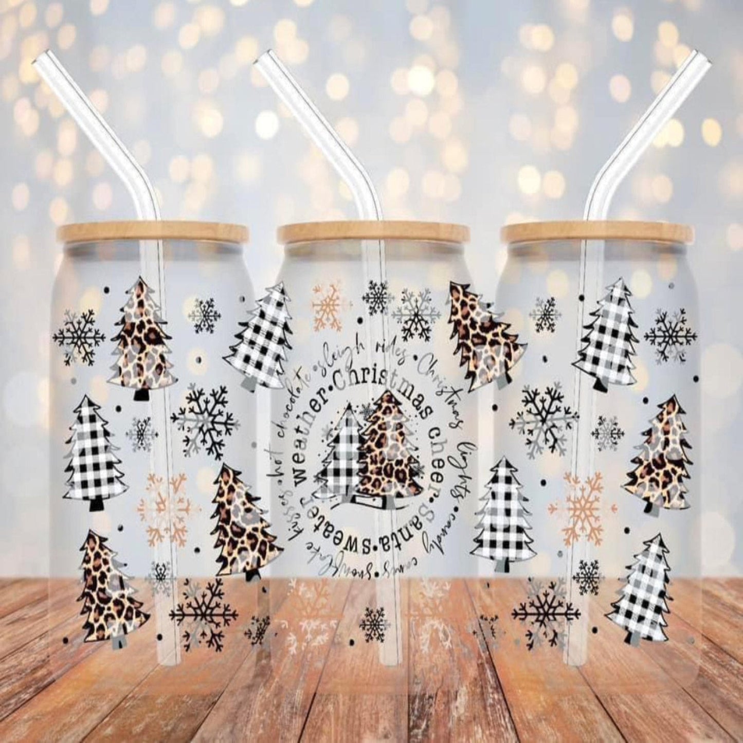 Leopard & Buffalo Plaid Christmas Tree Glass Can Cup | Winter Holiday Iced Coffee Cup with Bamboo Lid & Straw