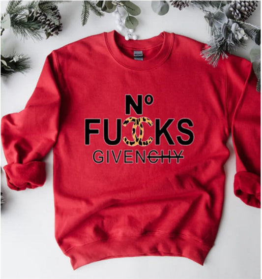 A red sweatshirt with leopard print and the text 'NO FUCKS GIVEN' printed on the front.