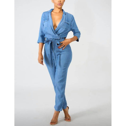 Temperament Cross Neck Belt Denim Jumpsuit