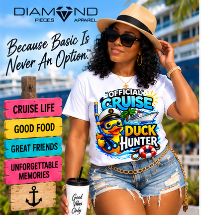 Woman wearing white Official Cruise Duck Hunter tee